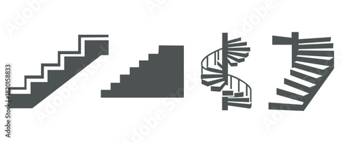 “Stairs and Steps Movement Icons Set – Walking Silhouettes, Railing and Staircase Vector Collection”