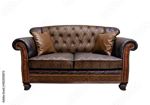Classic old leather sofa and armchair isolated on transparent or white background, featuring a luxury vintage design suitable for comfortable home furniture and decor.