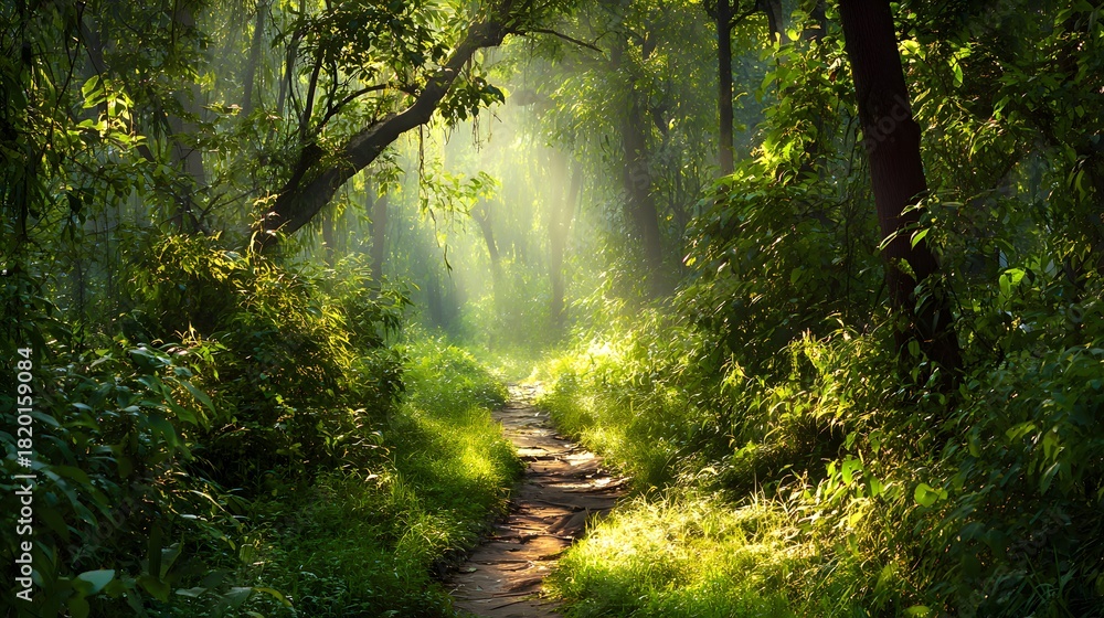 Naklejka premium Sunlight streams through dense canopy illuminating a winding dirt pathway through a lush green forest