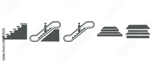 “Stairs and Steps Movement Icons Set – Walking Silhouettes, Railing and Staircase Vector Collection”