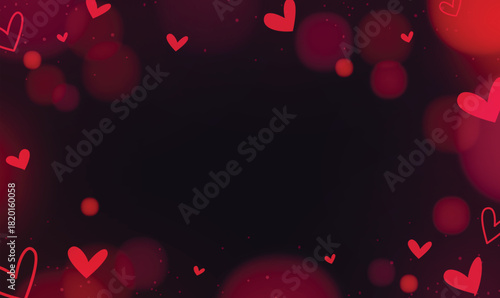 Dark red bokeh background with floating doodle hearts and a center copy space, ideal for romantic or emotional designs.