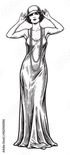 Full-length vintage black and white illustration of a mysterious flapper in a long, flowing dress, cloche hat, and long pearl necklace, adjusting her hat with a sultry expression.