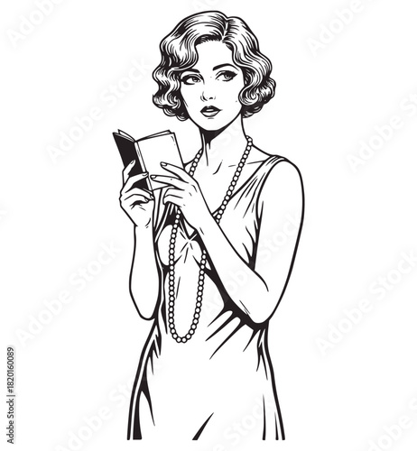 Full-length vintage black and white illustration of a 1920s flapper/socialite in a sleek dress and pearls, holding and reading a small book. Represents classic literature, leisure, and sophisticatio