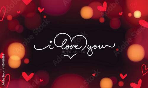 "I Love You" script typography with a heart detail on a dark red bokeh background with floating doodle hearts.
