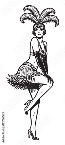 Full-body black and white vintage illustration of a burlesque or cabaret dancer in a feathered headdress, long gloves, and short fringe skirt, striking a sensual pose on one leg.