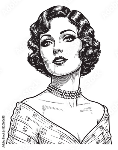 Black and white vintage illustration of a glamorous 1940s woman with styled hair, wearing a pearl choker and patterned dress, looking up with a confident, dreamy expression.