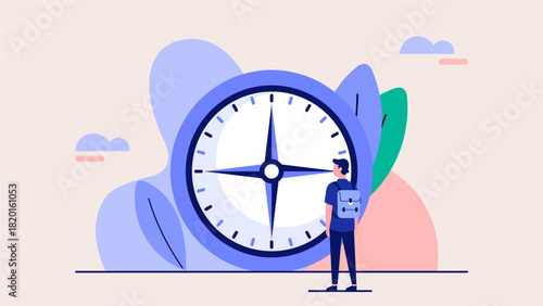 Traveler Standing in Front of Giant Compass – Symbolic Direction Flat Illustration