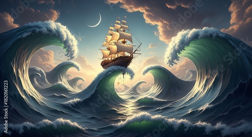 Vintage galleon rides enormous curling waves at twilight.
