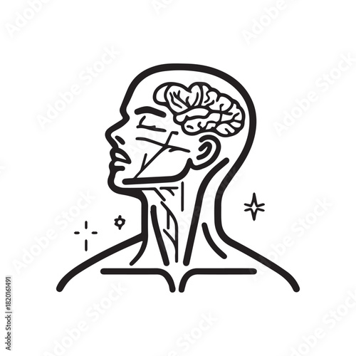 Line art of a human profile with visible brain, symbolizing thought or intelligence.