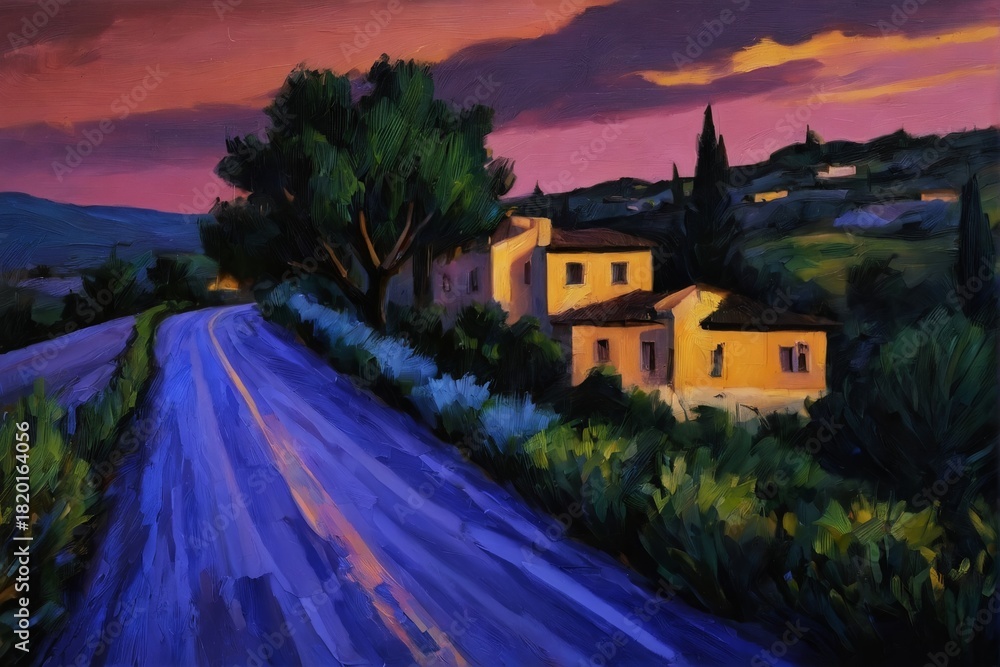 Fototapeta premium A vibrant, impressionistic landscape featuring a winding path through rows of purple lavender fields under a dramatic sunset sky. A rustic farmhouse sits nestled among olive trees and cypress pines in