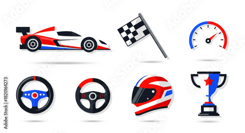 Racing Icons Sportscar, Checkered Flag, Speedometer, Steering Wheel, Helmet and Trophy Icons