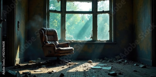 A shattered window, a broken chair, and scattered debris depict the aftermath of a violent crime scene; a sense of chaos and destruction is palpable , unsafe, broken window