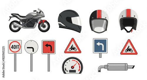 Motorcycle-related icons set with various traffic signs, helmets, and vehicle parts for design