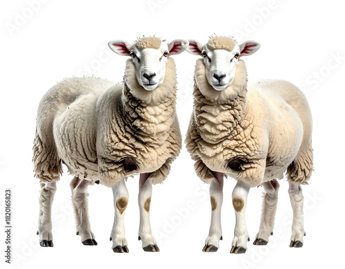 Two fluffy sheep stand side-by-side, facing the viewer with white fleece and black background