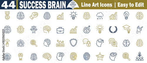 Collection of forty-four successful brain line art icons, easy-to-edit design templates, and vector illustrations. 