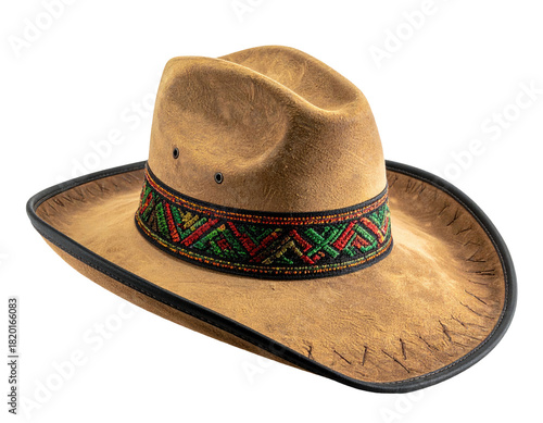 Western style tan hat with a decorative band, black brim edging, and air holes
