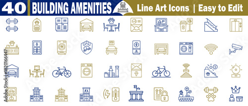 Forty building amenities line art icons, easy to edit for residential architecture vector illustrations. 