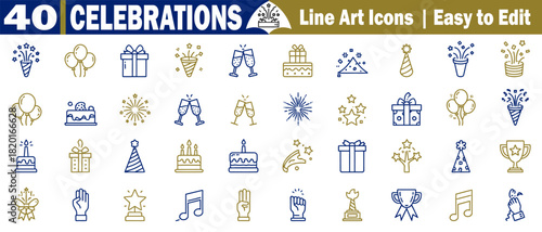 Celebrations line art icons easy to edit vector fireworks and gift boxes design. 