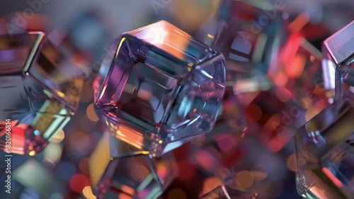 Rotating 3D geometric shapes with colorful futuristic reflections