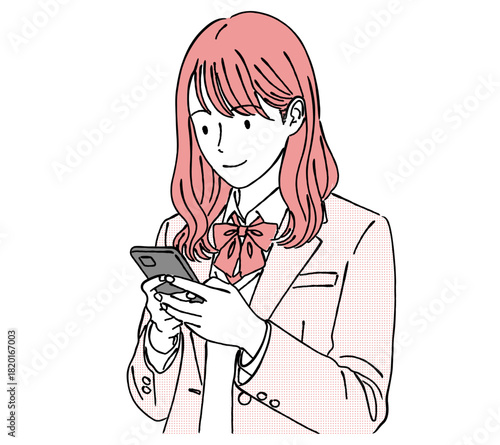 スマホを操作する女子学生（ブレザー）,スマートフォン,SNS,連絡,休憩,学校,シンプル,ベクター