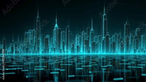 Blue hologram digital city skyline with futuristic glowing lines