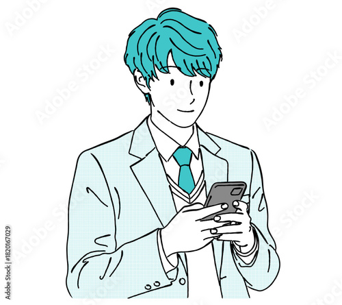 スマホを操作する男子学生（ブレザー）,スマートフォン,SNS,連絡,休憩,学校,シンプル,ベクター