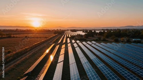 Solar panel field at sunset with warm golden light