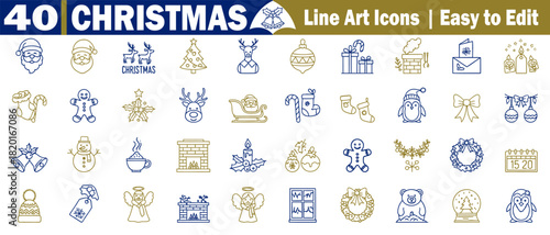 Collection of forty line art icons about holiday celebration events and winter season days vector illustrations. 