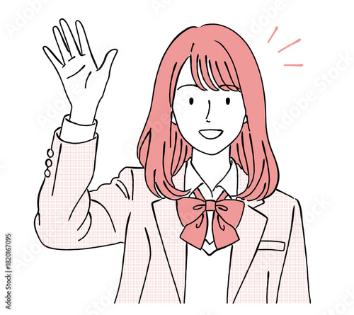 手を挙げる女子学生（ブレザー・挨拶）,ハイタッチ,歓迎,質問,アピール,笑顔,シンプル,ベクター