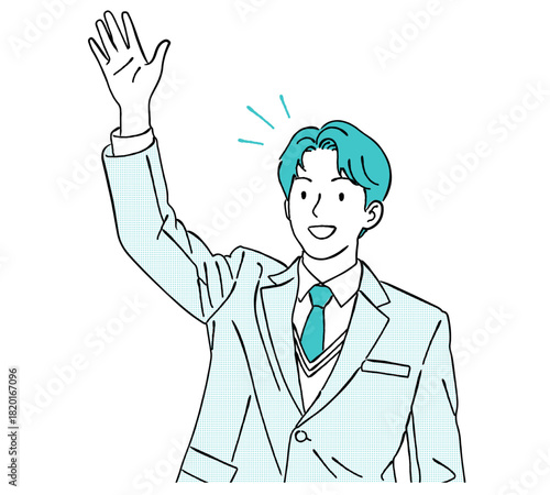 手を挙げる男子学生（ブレザー・挨拶）,ハイタッチ,歓迎,質問,アピール,笑顔,シンプル,ベクター