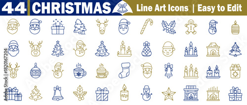 Collection of forty-four Christmas line art icons ideal for holiday design and winter-themed elements. 