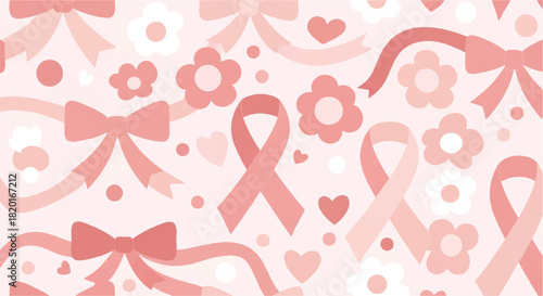 Seamless pattern of pink ribbons and flowers for Breast Cancer Awareness
