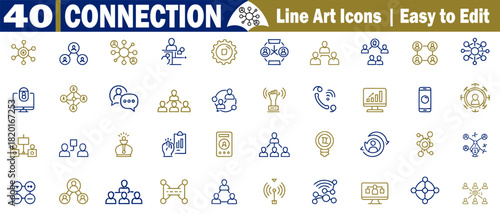 The collection of connection concept icons contains communication and teamwork outline style vector illustrations. 
