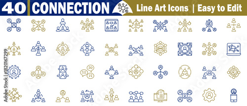 A collection of networking concept icons represents connection and teamwork outline symbols. 