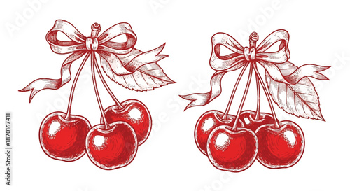 A collection of ripe red cherry bunches with leaves and tied with ribbons, drawn in a classic vintage engraving style