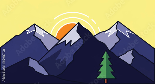Vibrant minimalist illustration of majestic mountains under a golden sky with a rising sun and a solitary pine tree, symbolizing nature's grandeur
