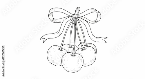 Whimsical Cherry Delight Line Art Illustration of Cherries Tied with a Bow for Sweet Decorations