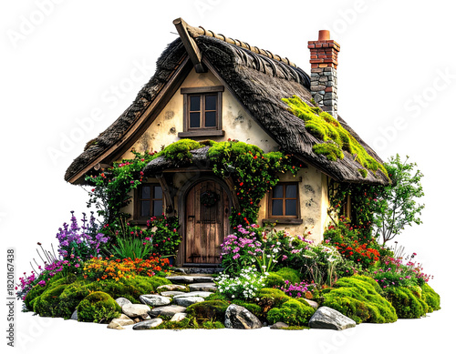 A charming cottage with thatched roof, stone path, and lush garden, whimsical aesthetic
