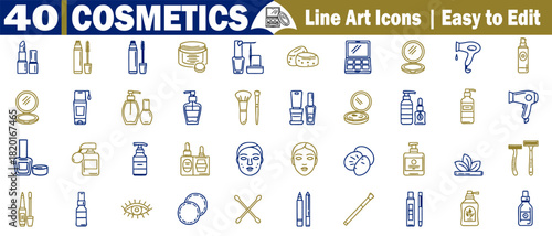 Cosmetics line art icons, beauty face care, makeup accessories, spa treatment, editable set vector illustrations. 
