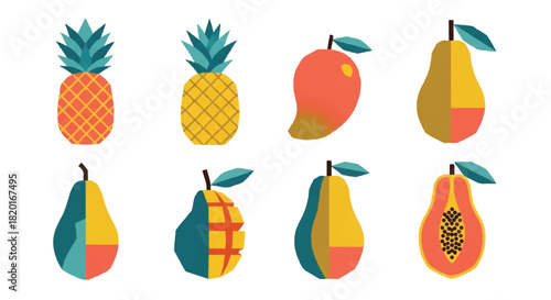 Abstract geometric fruit collection featuring stylized pineapple, mango, and pear. Modern flat vector graphic design elements