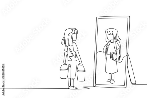 Single line drawing of a girl holding two buckets while her reflection shows her as a student, symbolizing education, hope, and freedom in a humanitarian concept for World Day Against Child Labor awar