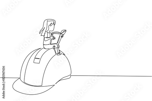 One line drawing of a girl reading a book on a construction helmet, representing education, empowerment, and equality in a global humanitarian concept for World Day Against Child Labor awareness.