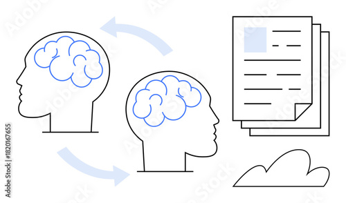 Two human profiles with brain icons exchanging ideas via arrows, linked to documents and a cloud. Ideal for teamwork, education, innovation, communication, collaboration, technology, digital