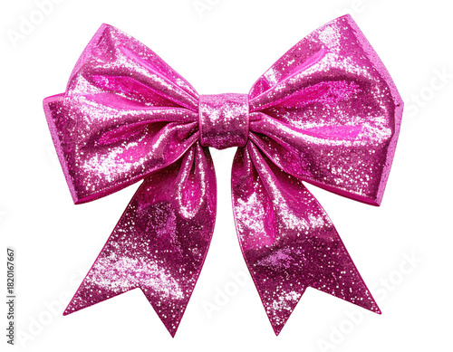 Glittering magenta bow, isolated on black, with symmetrical, sparkling folds