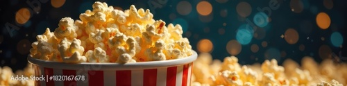 A big bucket of freshly popped popcorn, overflowing with fluffy kernels, ready for movie night Golden buttery kernels, perfect for sharing, cinema snack , theater, cinema, movie night
