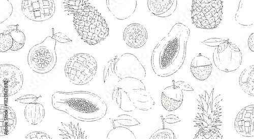Hand-drawn black and white fruit pattern with pineapple, papaya, mango, pear, and more