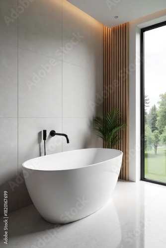 Modern minimalist bathroom featuring a single, freestanding bathtub, sleek fixtures, and large window with natural light Perfect for relaxation and spa-like ambiance , bathroom design, tile
