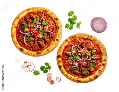 Two pizzas with vibrant toppings, red sauce, herbs, and onion against a black backdrop