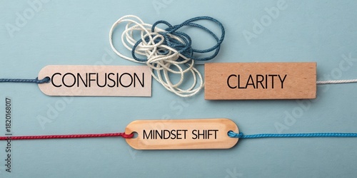 Confusion and Clarity in Mindset Shift Concept with Labels and Strings on Blue Background for Visual Representation