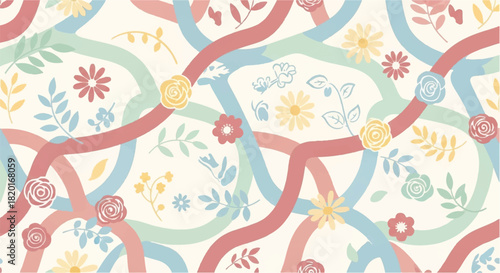 Colorful Floral Pattern Wavy Ribbons and Delicate Blooms in a Seamless Design
